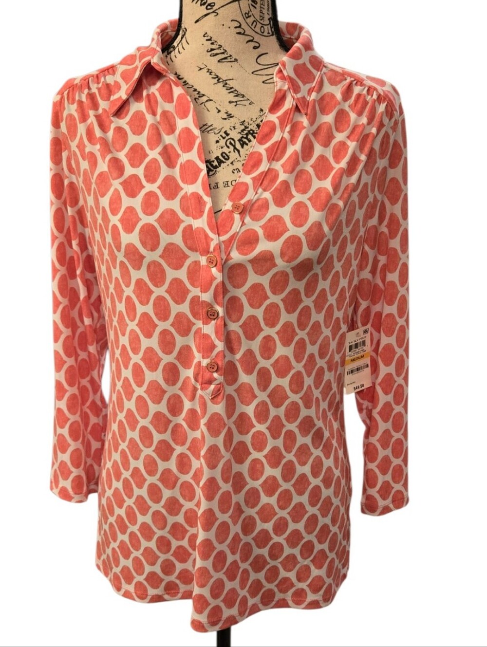 Charter Club Coral and Cream Polka Dot Button-Front Henley Blouse